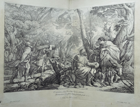 François Tortebat Prelude to the sacrifice of Isaac, who carries firewood on his shoulders urged on by his father at left, at right two men, one holding a donkey, discuss Isaac's fate, after Vouet. 1665, 1841,1211.39.3, Simon Vouet