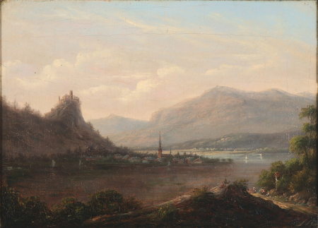 Mountainscape with houses and persons by an inlet., Jens Peter Møller
