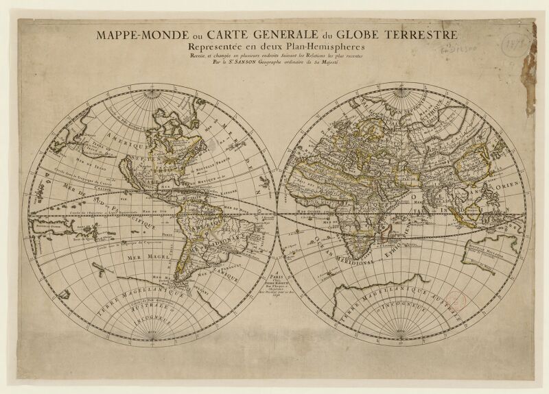 World map or general map of the terrestrial globe represented in two hemisphere planes... / by Mr Sanson, ..., 1678