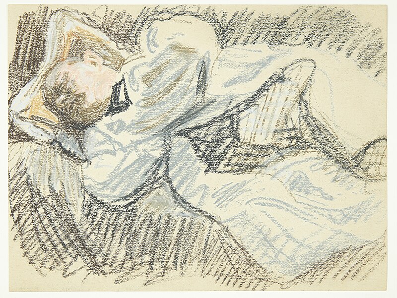 Sculptor Kai Nielsen rests while working on Mads Rasmussen's statue, Peter Hansen, 1913