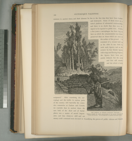 The Jordan at Bâniâs (Cæsarea Philippi). Bâniâs is merely the Arabic pronunciation of the ancient Panias of the Greeks and Romans. In the foreground is a peasant carrying a plough., 1881