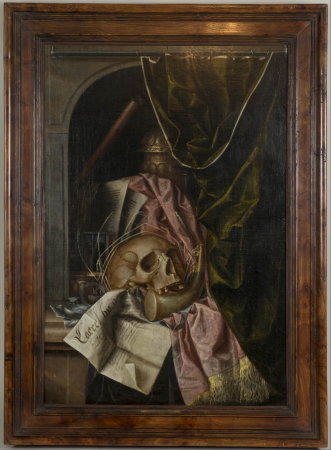 Tromple l'oeil vanitas still life with a skull, a hunting horn and other objects in a niche, Franciscus Gijsbrechts, circa 1675
