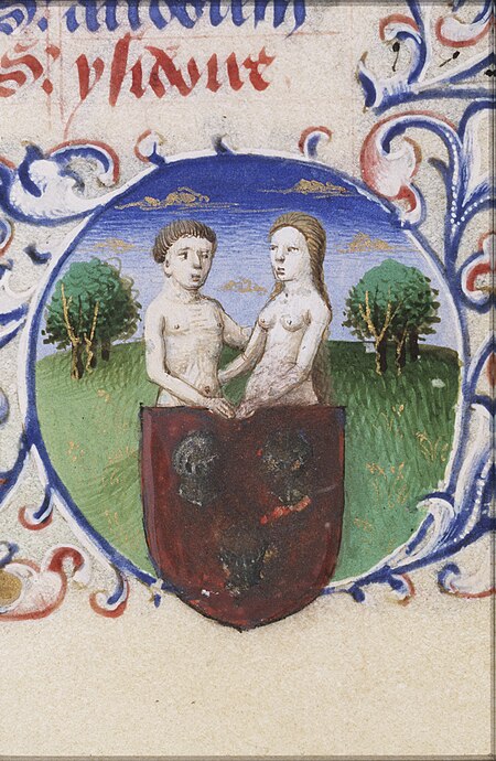 May - Gemini (with the coat of arms of Simon de Varie) - miniature from folio 092rfrom the Book of Hours of Simon de Varie - KB 74 G37a, 1455