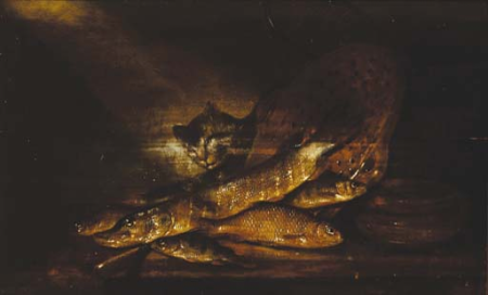 A cat with a pike, perch and other fish and a colander on a ledge, Pieter de Putter, between 1630 and 1659
