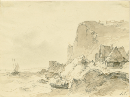 Rotskust met rechts een huis, op zee enkele boten, RP-T-1892-A-2672, Andreas Schelfhout, between 1797 and 1870