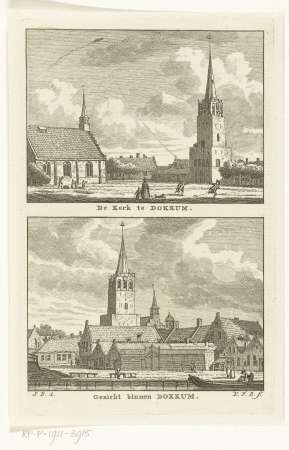 Twee dorpsgezichten met kerk en kerktoren te Dokkum De kerk te Dokkum (titel op object) Gezicht binnen Dokkum (titel op object), RP-P-1911-3915, Jan Bulthuis, between 1786 and 1792