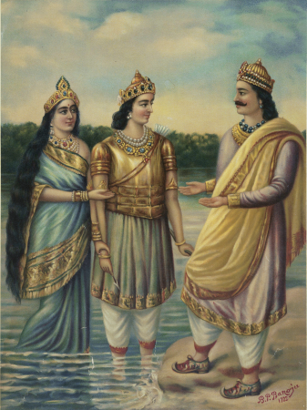 The scene from the Mahabharata of the presentation by Ganga of her son Devavrata (the future Bhisma) to his father, Santanu., Bamapada Banerjee, 1923