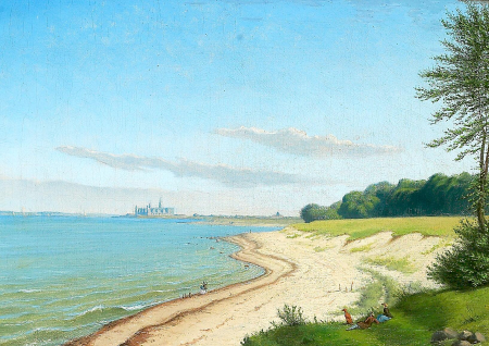 People on a beach, with Kronborg Castle in the distance., Julius Paulsen, between 1878 and 1940