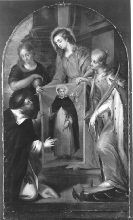 Mary, Magdalene and Catherine show the picture of St. Dominic with book and lily to St. Thomas Aquinas, Oswald Onghers, between 1628 and 1706