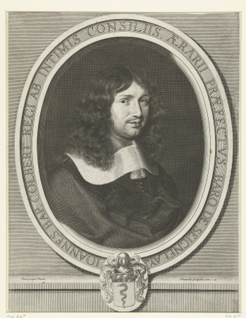Portret van Jean-Baptiste Colbert Ioannes Bap. Colbert regi ab intimis consiliis, aerarii praefectus, baro. de Seignelay & (titel op object), RP-P-1906-217, Philippe de Champaigne, 1660