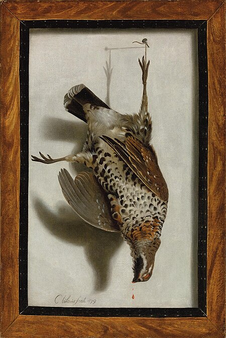 Trompe l’oeil with a grouse hanging from a nail, Cornelis Biltius, 1679