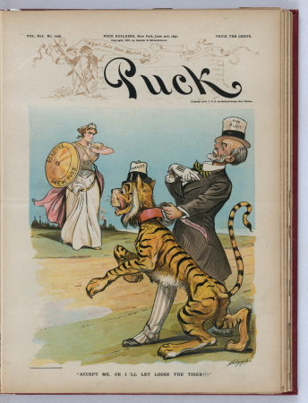 "Accept me, or I'll let loose the tiger!!!" - Dalrymple. LCCN2012647679, Louis Dalrymple, 1897