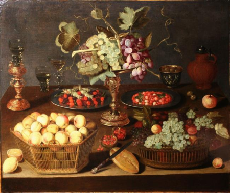 Still life with goblet holder and tazza with grapes surrounded by baskets of fruit, Artus Claessens, 1680