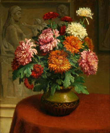 Chrysanthemum in a vase on a table, in the background classic reliefs., Axel Johansen, 1911