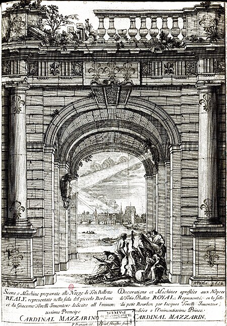 Engraving from 'Scene e machine preparate alle nozze di Teti Balletto reale' – INHA NUM 4 RES 1152 vue 03 Frontispice, Giacomo Torelli, 1654
