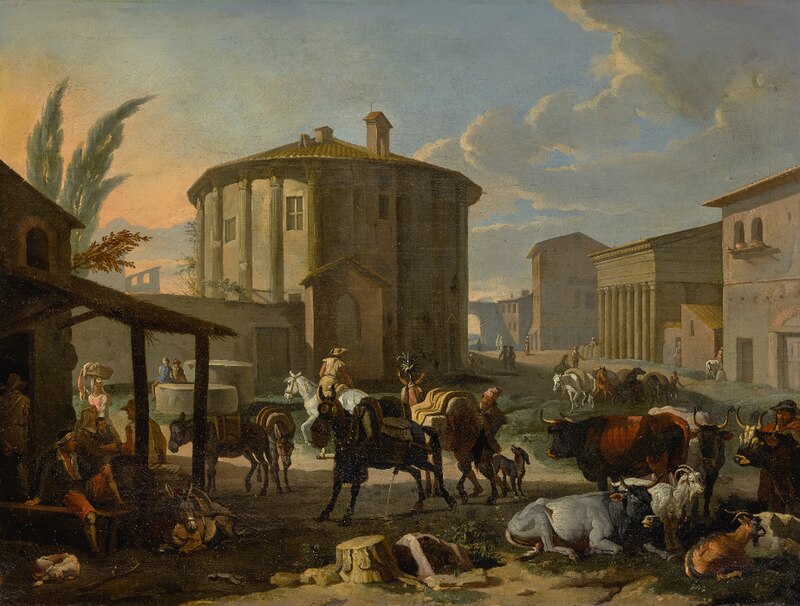 Roman landscape with figures and animals in front of the Temple of Vesta, Pieter van Bloemen, between 1657 and 1720