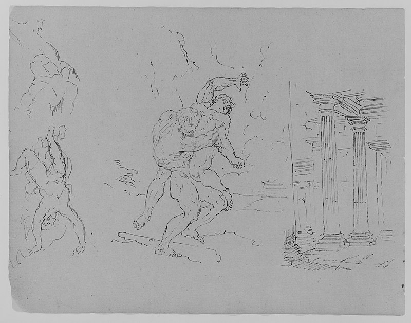 Hercules and Antoneus; Fall of Phaetor (Icarus?); Classical Architecture; Sacrifice of Isaac [?] (after Rembrandt?) (from Sketchbook), Thomas Sully, 1810–20