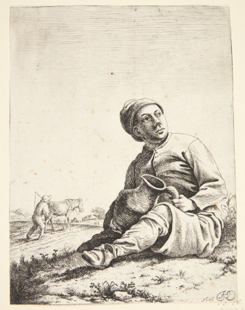 Seated peasant with a jug in his hands, Herman Saftleven, 1646