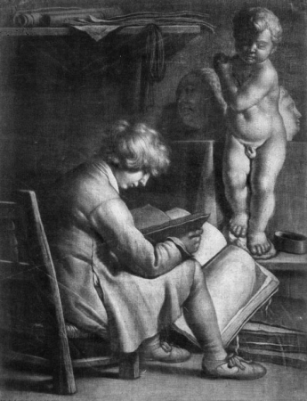 Young man reading in front of a statue of Cupid, Wallerant Vaillant