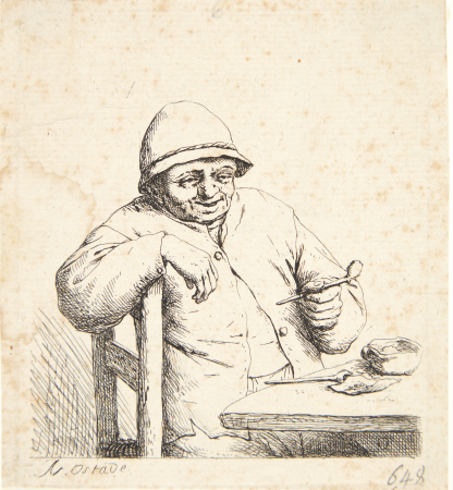 Peasant, seated at a table with a pipe in his hand, Adriaen van Ostade, 1672