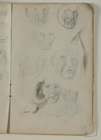 Sketch of faces. Processing or studies after publication? Sketch of crane, Niels Larsen Stevns