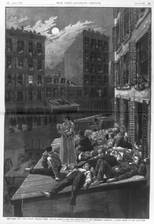 New York City - The recent "heated term" and its effect upon the population of the tenement districts A night scene on the East Side - - from sketch by a staff artist. LCCN96506782, Frank Leslie, 1882