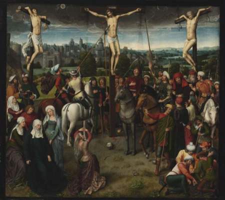 Calvary Triptych, central panel: The Crucifixion, left shutter: Christ Carrying the Cross, right shutter: The Resurrection, exterior of the shutters: The Annunciation, Hans Memling, 1480s