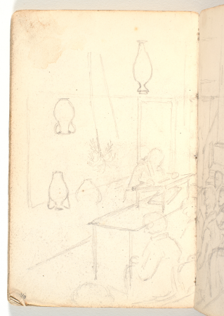 Auditorium with speaker and audience as well as scratch of palm tree and vase, Martinus Rørbye