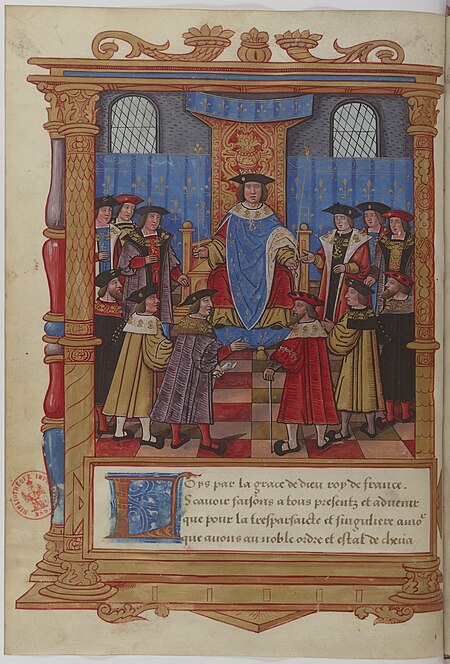 Assembly of the knights of the order, miniature of the Statutes of the Order of Saint Michael., Étienne Colaud, between 1516 and 1521