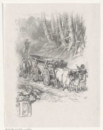 Letter D en een landschap met vier mannen en een ossenwagen, RP-P-1926-461, Charles Rochussen, between 1856 and 1946