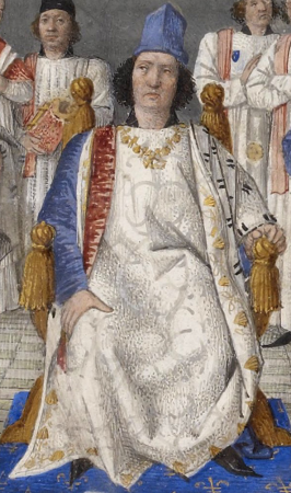 Louis XI. Detail of the frontispiece of the Statutes of the Order of Saint Michael, copy intended for Louis XI., Jean Fouquet, circa 1469-1470