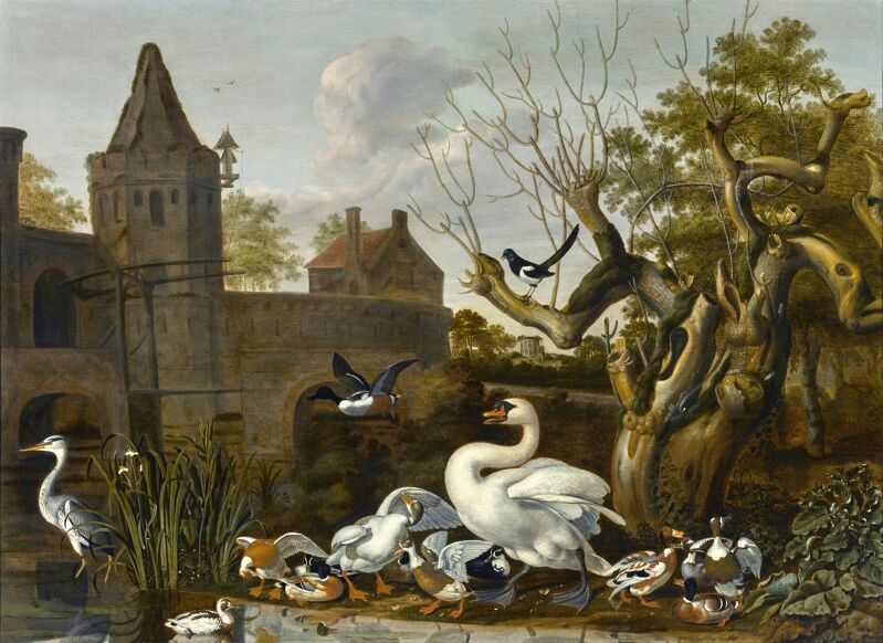 A castle moat with a swan, various ducks and a heron in the foreground, and a magpie in a tree, Dirck Wijntrack, between 1640 and 1678