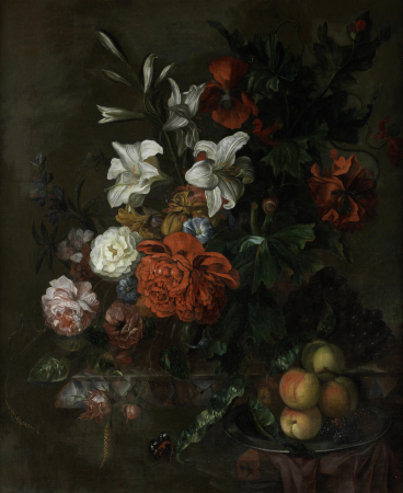 Poppies, lilies, roses and other flowers in a glass vase on a draped marble ledge, with peaches on a pewter dish, a butterfly and a snail on a marble ledge, Ernst Stuven