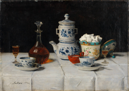 Still life with coffee setting and cognac bottle, Albert Anker, 1882