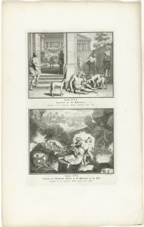 Lazarus en de rijke man en de rijke man in de hel ziet Abraham met Lazarus, RP-P-1933-41, Jacob Folkema, 1791
