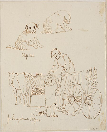 F.o. two studies of a puppy, and f.n. a harnessed farm wagon where a man receives something from a boy., Johan Lundbye, 1845