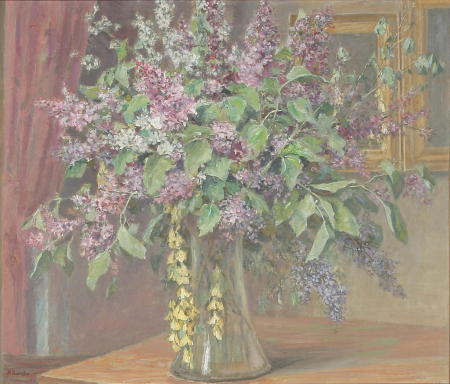 Lilacs and golden chain in a vase., Mads Henriksen, between 1871 and 1940