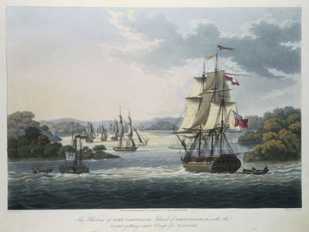 The harbour of Port Cornwallis, island of Great Andaman, with the fleet getting under weigh for Rangoon, George Hunt, 1 October 1825