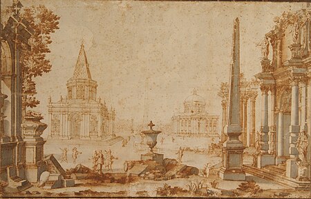 Classicist arch. with a pyramidal building on the left and a dome on the right