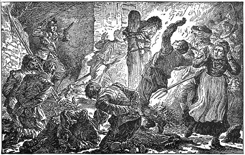 06 Malcolm fired at one of the natives and then with a loud shout dashed forward-Illust by Johan Schonberg for Lion of the North by G A Henty, 1886