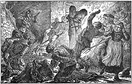 06 Malcolm fired at one of the natives and then with a loud shout dashed forward-Illust by Johan Schonberg for Lion of the North by G A Henty, 1886