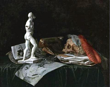 Vanitas with skull, feathers, roemer, sculpture, and drawings, Abraham Susenier, between 1635 and 1666