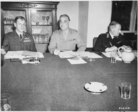 Taking a part in the Combined Chiefs of Staff discussions at the Potsdam Conference in Germany, L to R: Marshal of the Royal Air Forces, Sir Charles Portal, Gen. Sir Hastings Ismay, and Gen. L. C. Hollis., 21 July 1945
