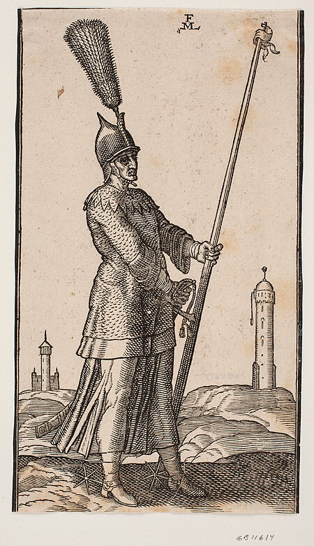 Soldier standing, facing r.; on the head a helmet with a large plume and in the left hand a lance with a pennant on the point; the right hand grasps the hilt of a sword that hangs at the soldier's left side, Melchior Lorck, 1576