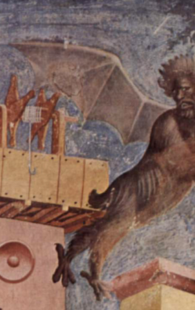 Fresco cycle on the life of St. Francis of Assisi, scene: The expulsion of the devils from Arezzo, detail: devils over the city landscape, Giotto, 1296-1298