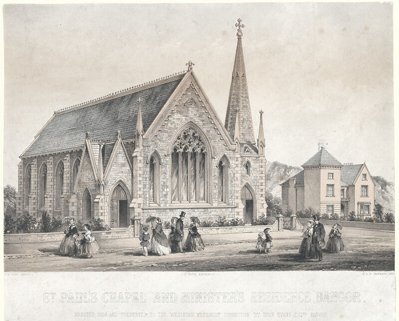 St. Paul's Chapel and minister's residence, Bangor: errected in 1858 and presented to the Wesleyan Methodist Connection by Evan Evans esqre. Bangor, Joseph Josiah Dodd, circa 1845