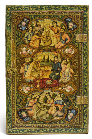 A polychrome lacquer mirror case, attributed to Muhammad Isma'il, Persia, Qajar, second half 19th century, Muhammad Isma'il Isfahani