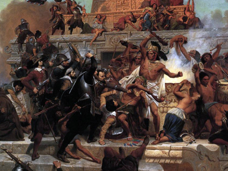 Storming of the Teocalli by Cortez and His Troops. Cortez with stout armored band fights his way back into Tenochtitlan, Emanuel Leutze, 1848