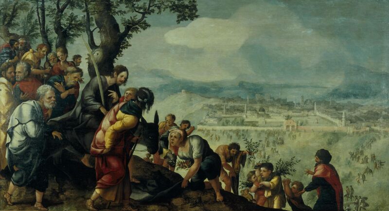 Triptych with the entry of Christ into Jerusalem, saints and on the outside of the shutters founders from the Van Lokhorst family, Jan van Scorel, 1526