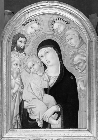 Madonna and Child with Saints Jerome, Bernardino, John the Baptist, and Anthony of Padua and Two Angels, Sano di Pietro, circa 1465–70
